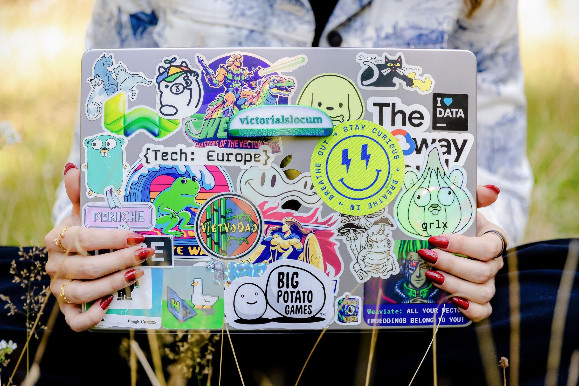 A laptop lid held up to the camera, covered edge to edge in stickers — a smiley face, a green dinosaur, 'Tech: Europe', 'I love DATA'.